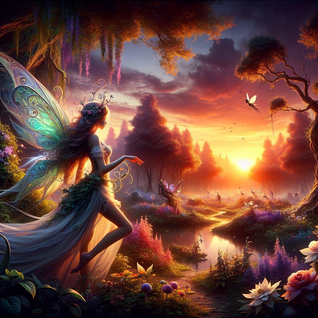 Fairy in a Garden at Sunset: Fantasy Concept Art
