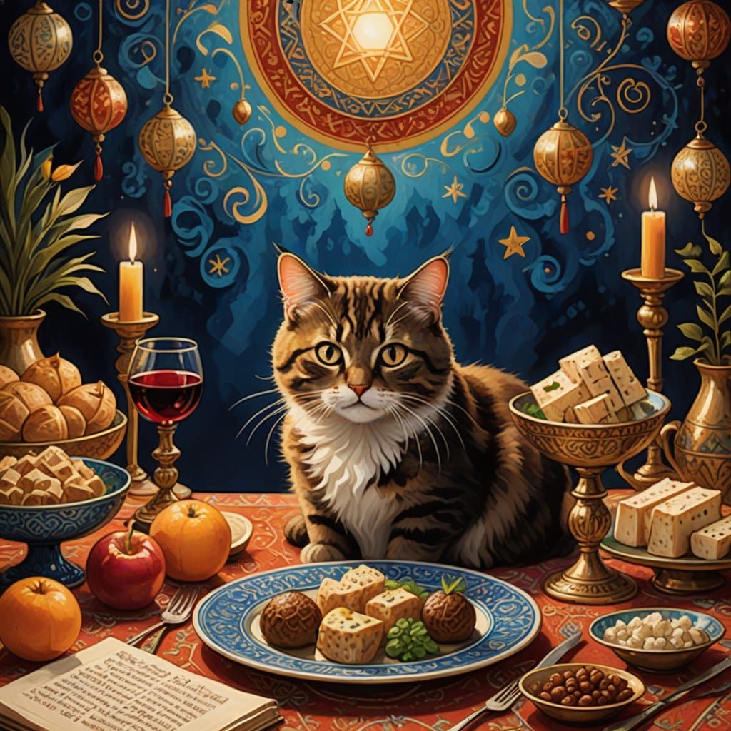Whimsical Cat Seder Table Scene in Warm Golden Light
