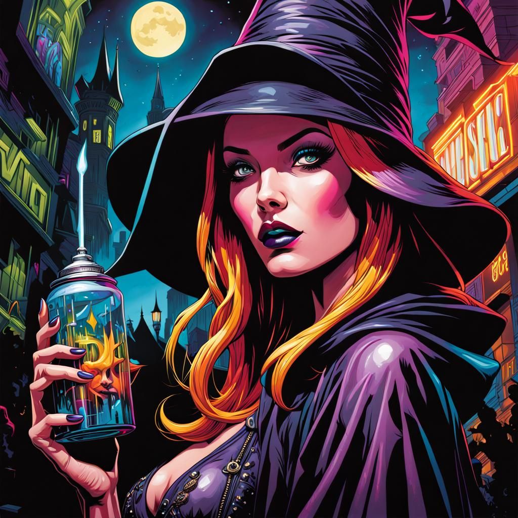 ""witch at a nightclub, graffiti art, splash art, street art, spray paint,