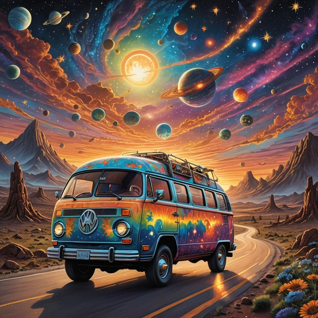 Cosmic Alien Drives Hippie Van Through Apocalypse