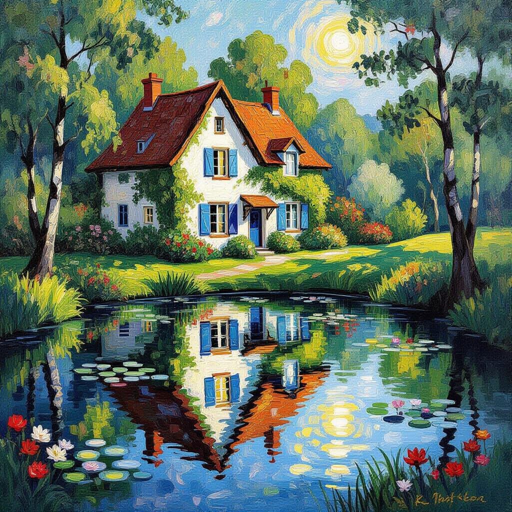 Cottage by Pond in Post-Impressionistic Style