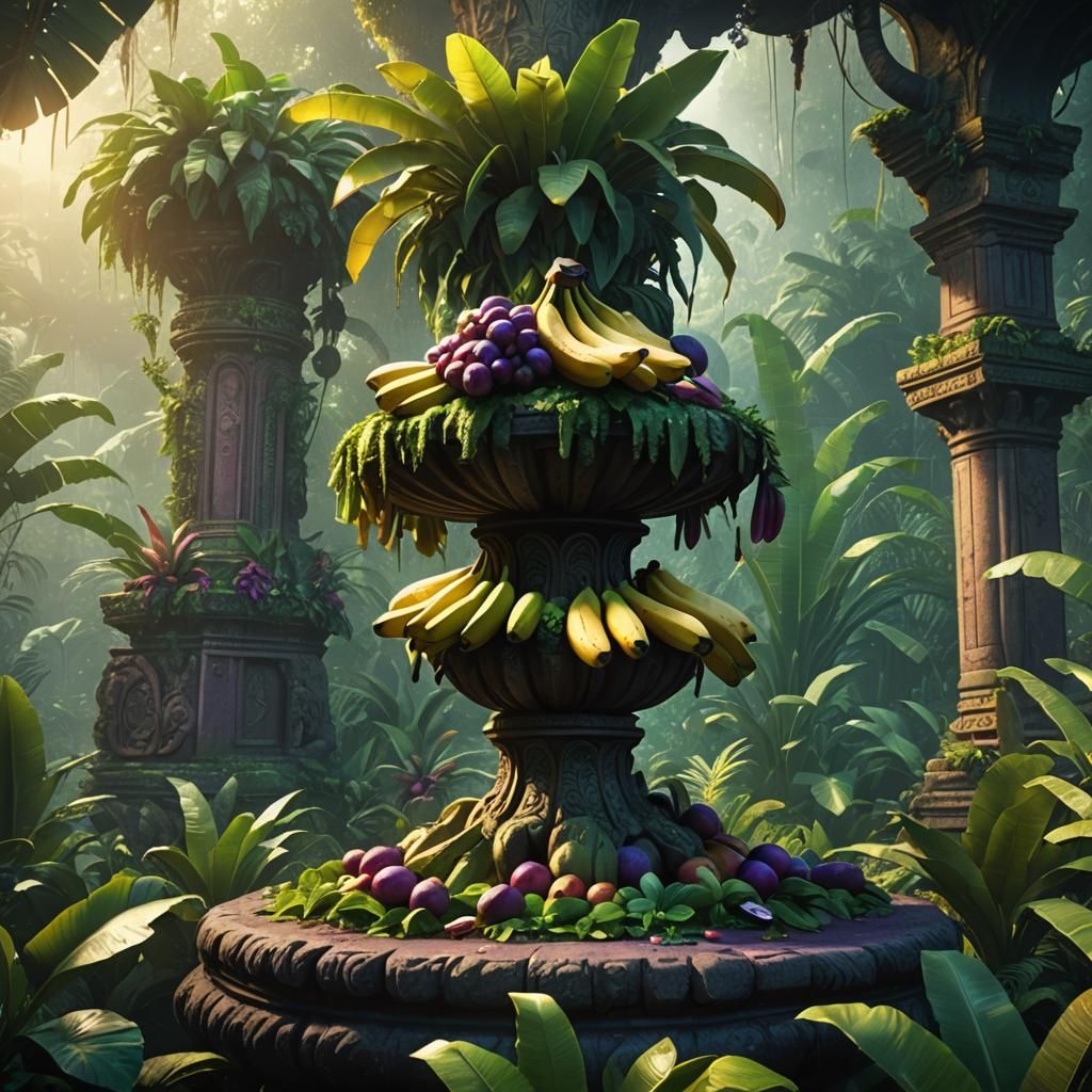 Bananas and Coco in a Mystical Jungle, Fantasy Art