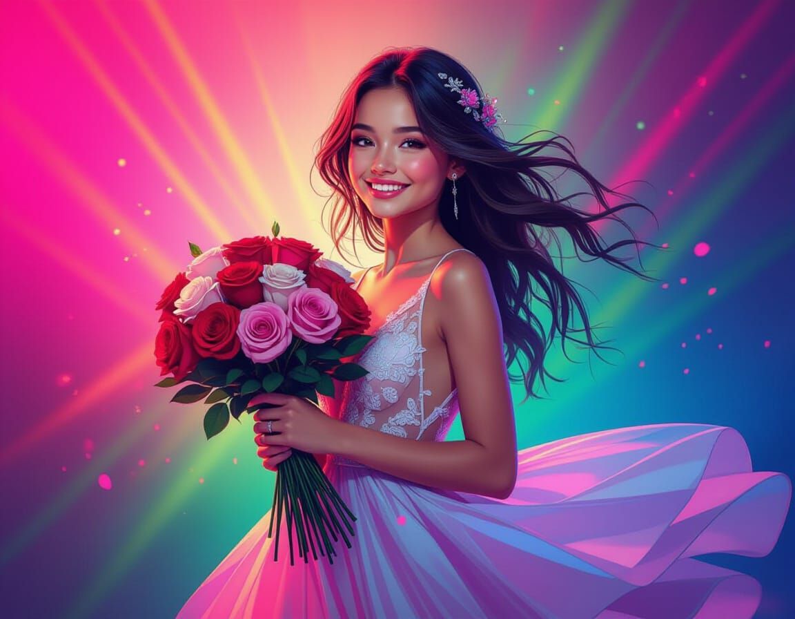 Neon Girl with Roses in Splash Art Style