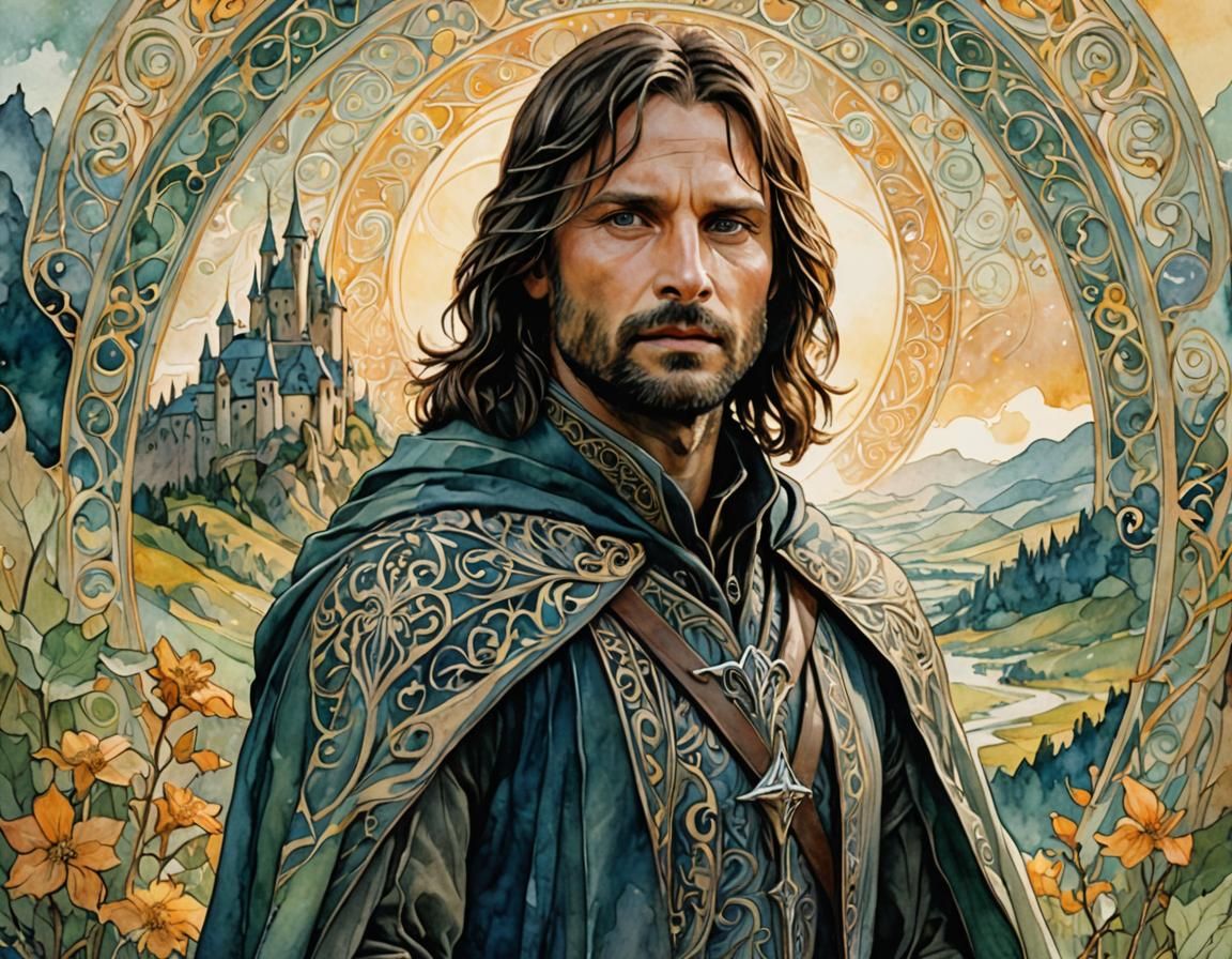 Regal Aragorn in Ethereal Landscape: Watercolor Art