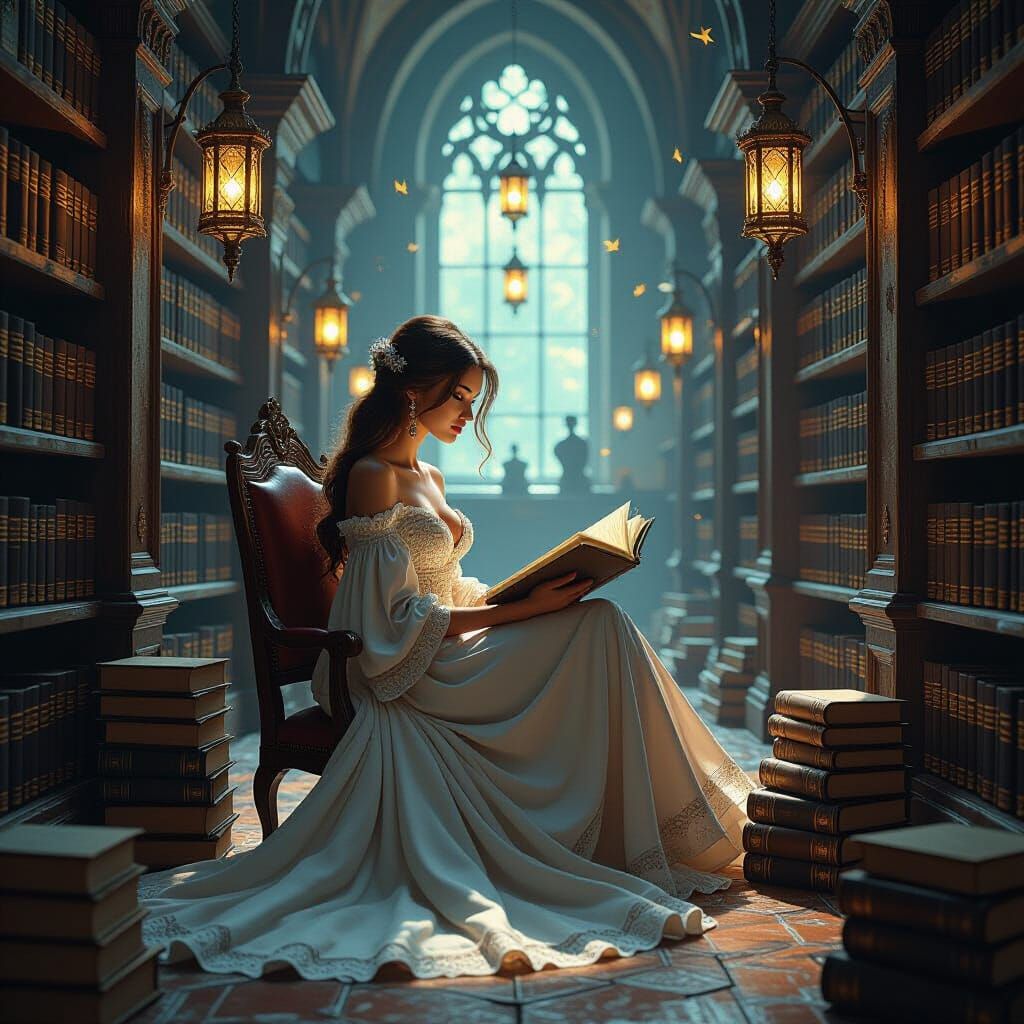 Ancient Library with Woman, Ethereal Lantern Glow