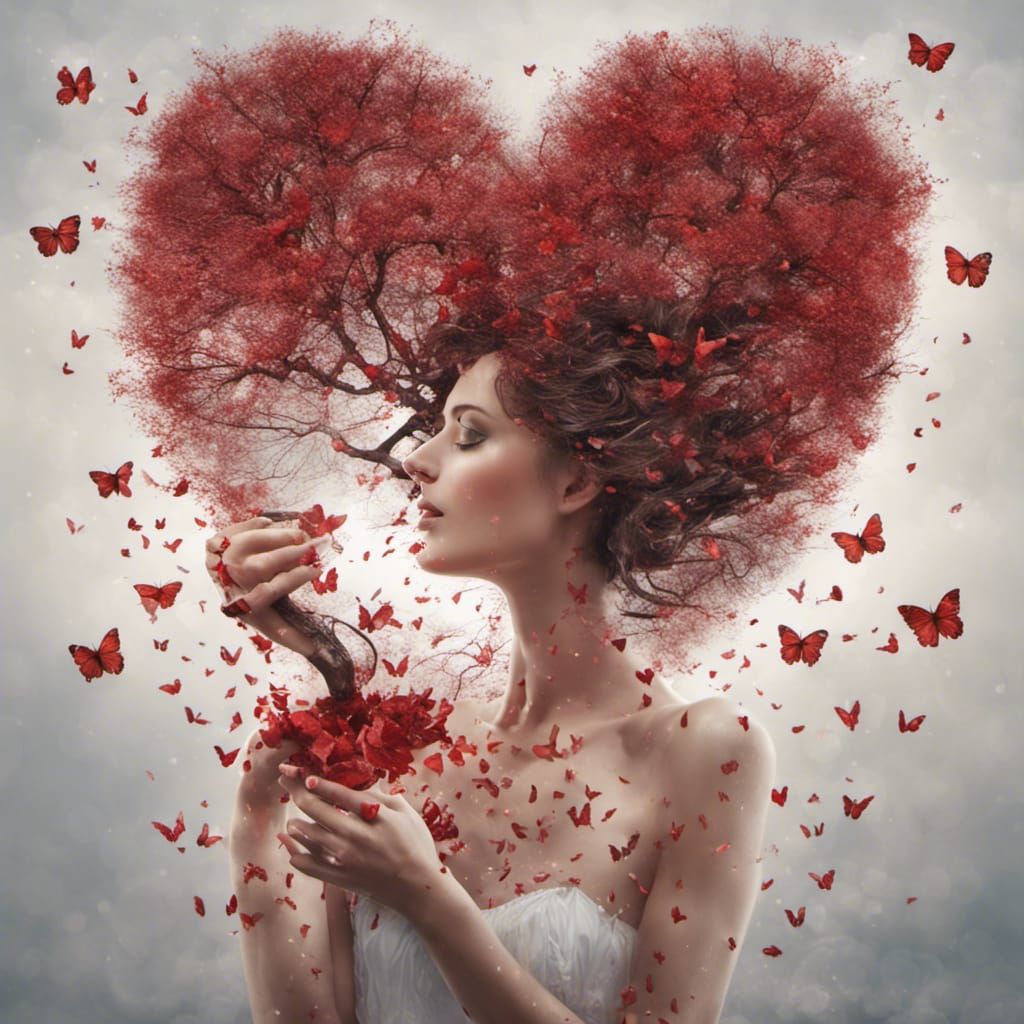 Wooden Woman Holds Melting Ice Heart with Butterflies