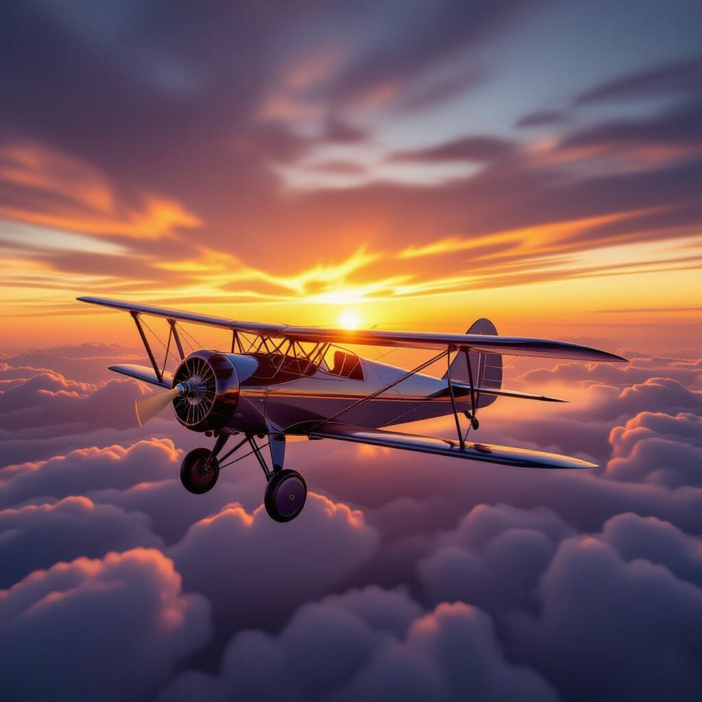 Vintage Biplane Flies Through Sunset Clouds