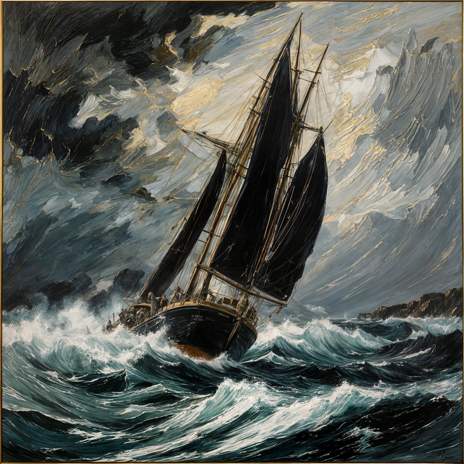 Black Sail Boat Battles Stormy Sea: Maritime Art