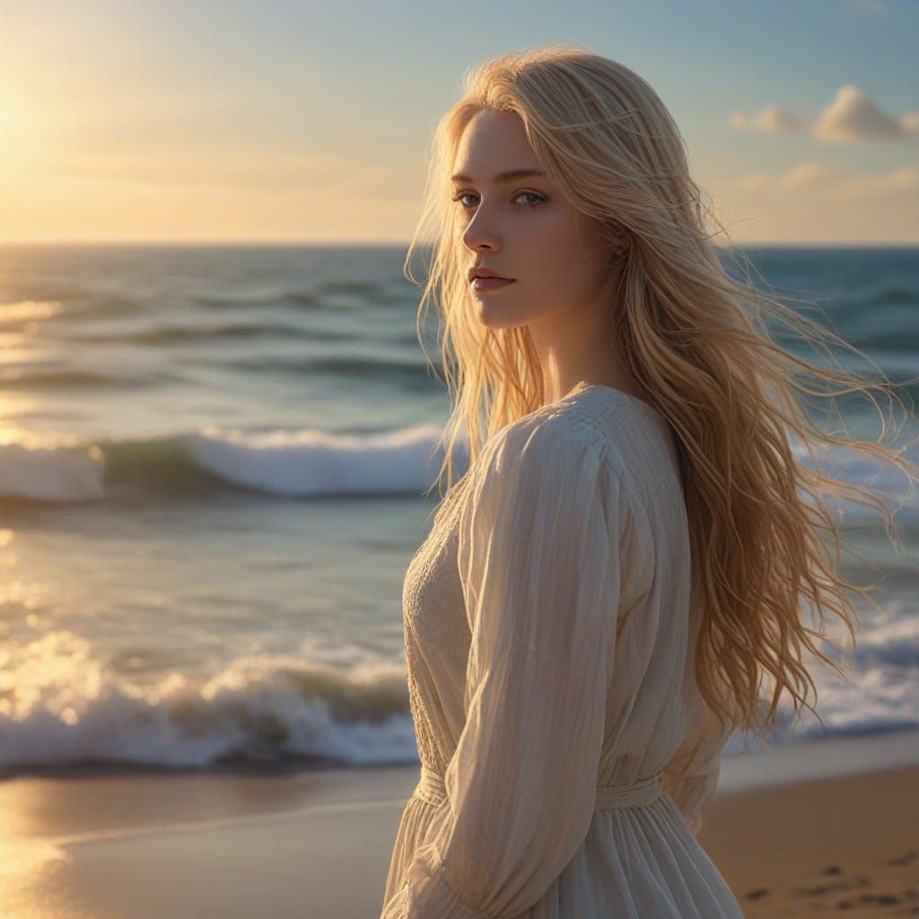 Ethereal Blond Girl by the Sea in Dreamlike Style