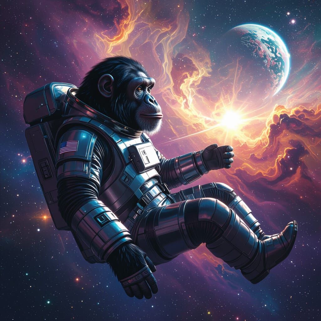 Chimpanzee Astronaut in Nebula, Hyperrealistic Digital Art