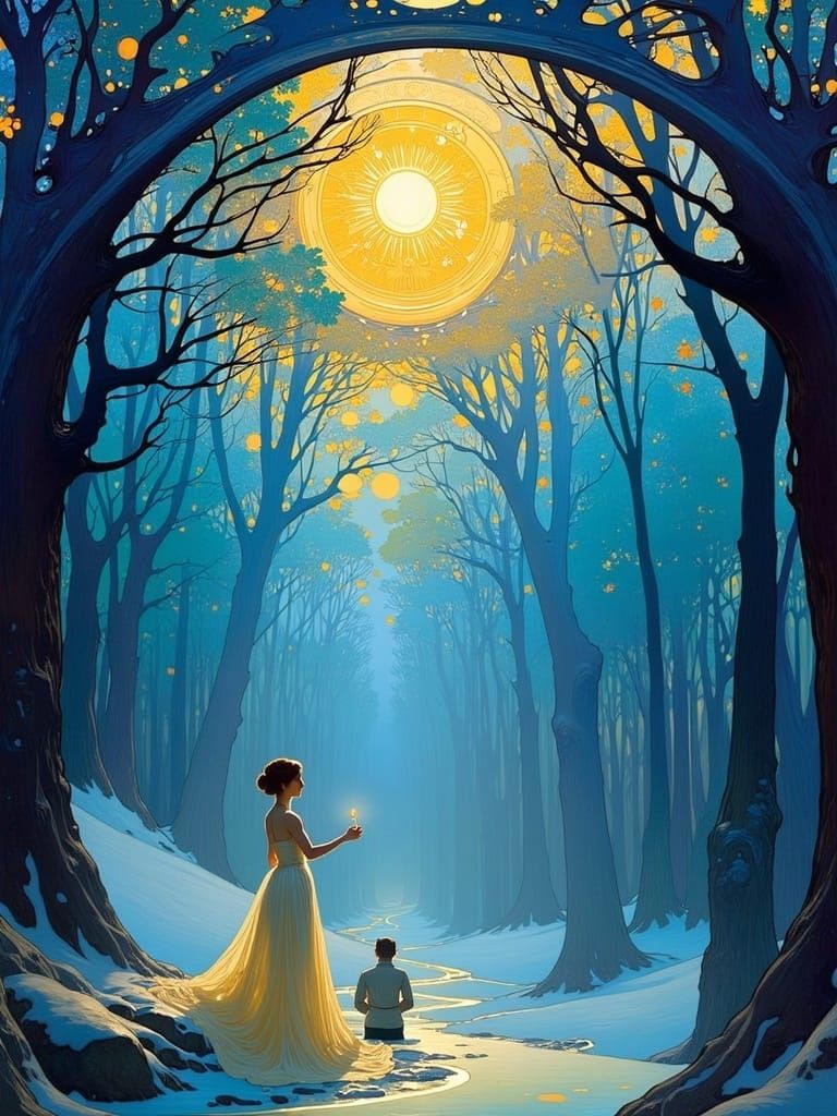 Melancholy Figure in Misty Art Nouveau Landscape