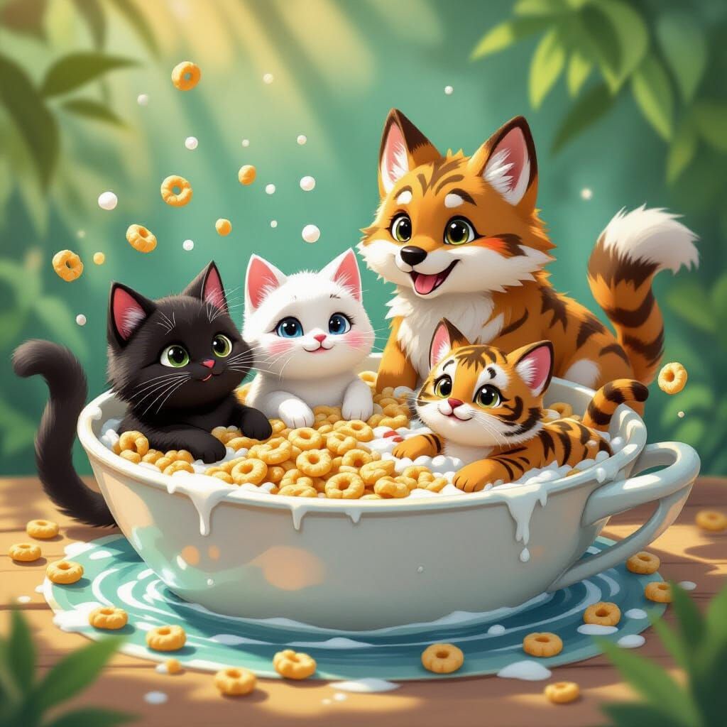 Whimsical Digital Art of Animals Swimming in Cereal
