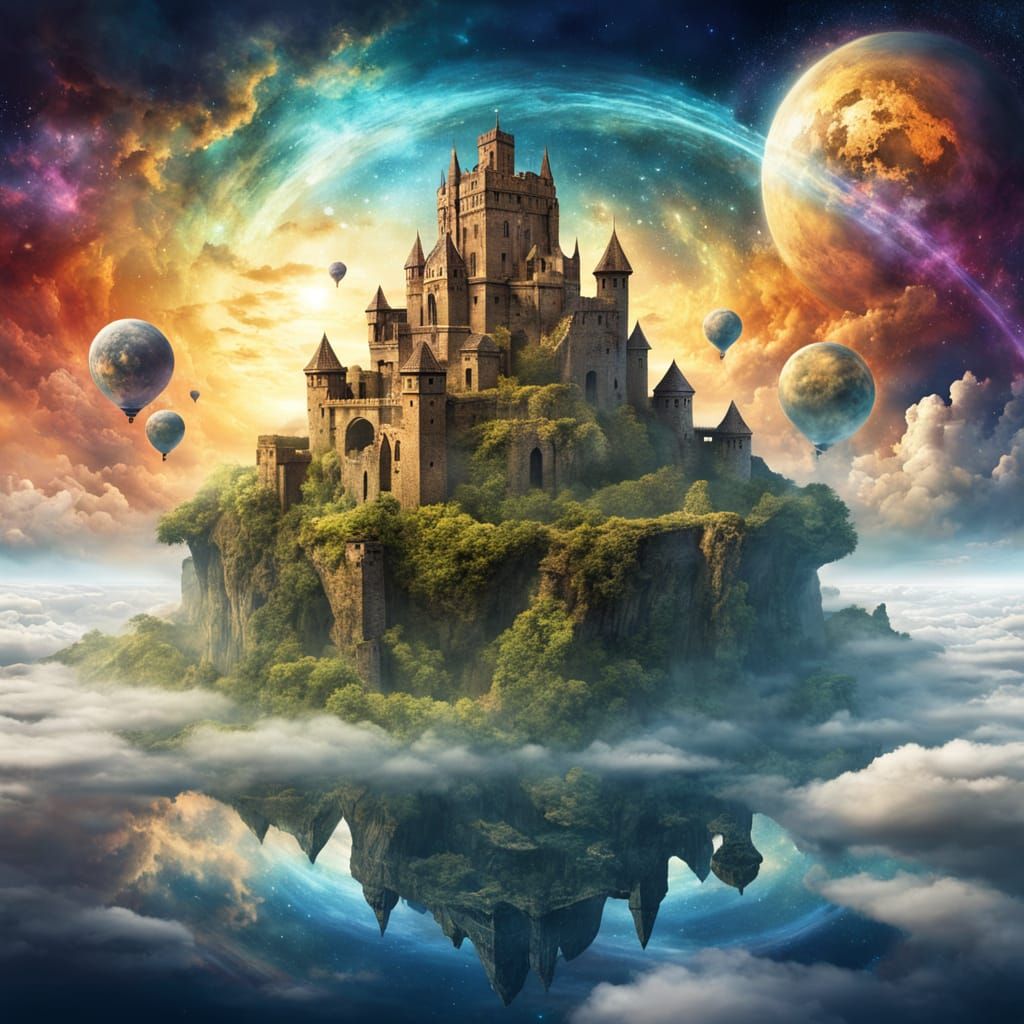 Ancient Castle on Floating Island in Nebula, Escher-Inspired