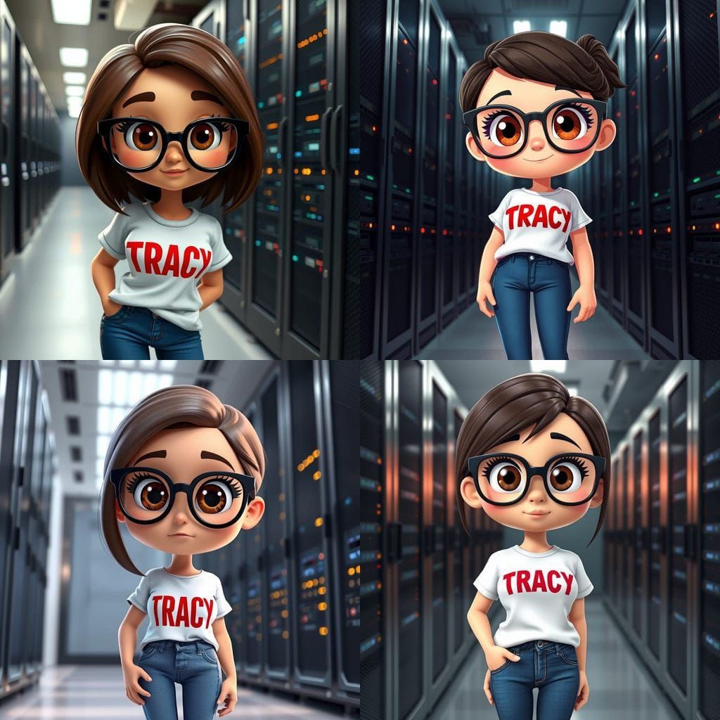Cute Cartoon Woman in Server Room, 3D Render