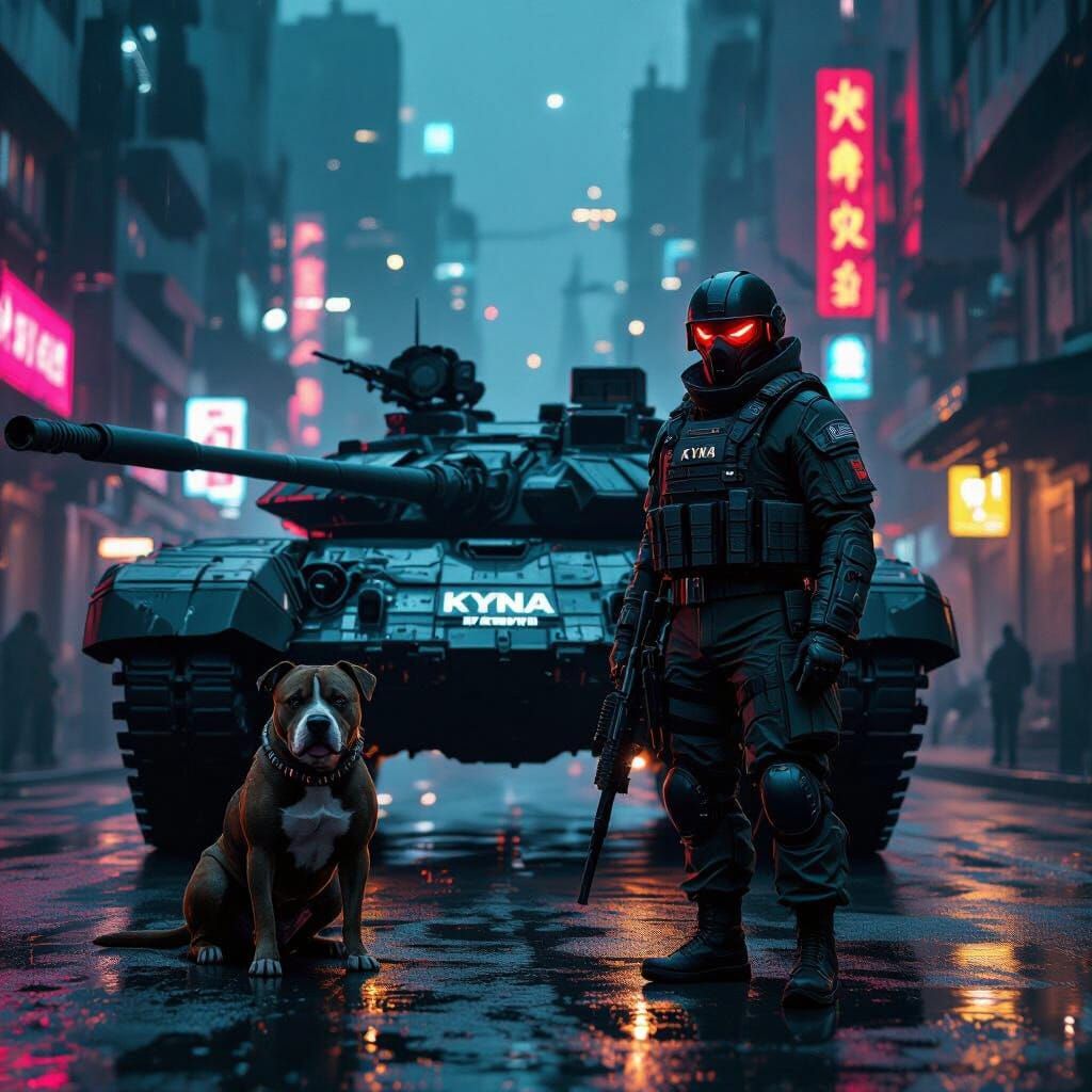Cyberpunk Pitbull Soldier in Futuristic Cityscape