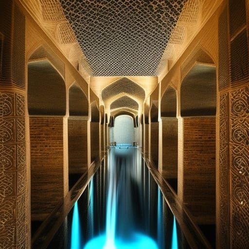 Underground Waterway with Persian Architecture in Dark Fanta...