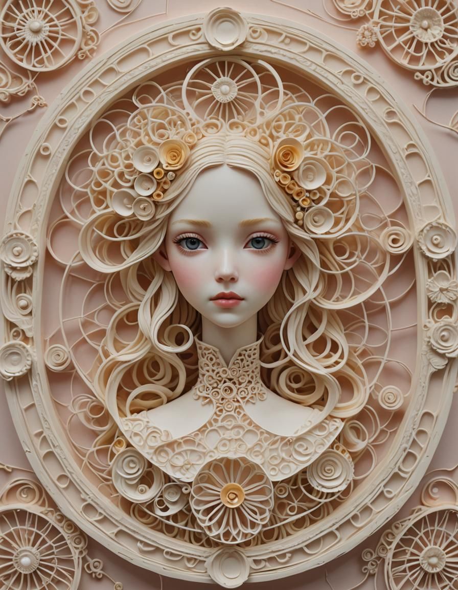 Figurative Polymer Clay Sculpture with Spirograph Background