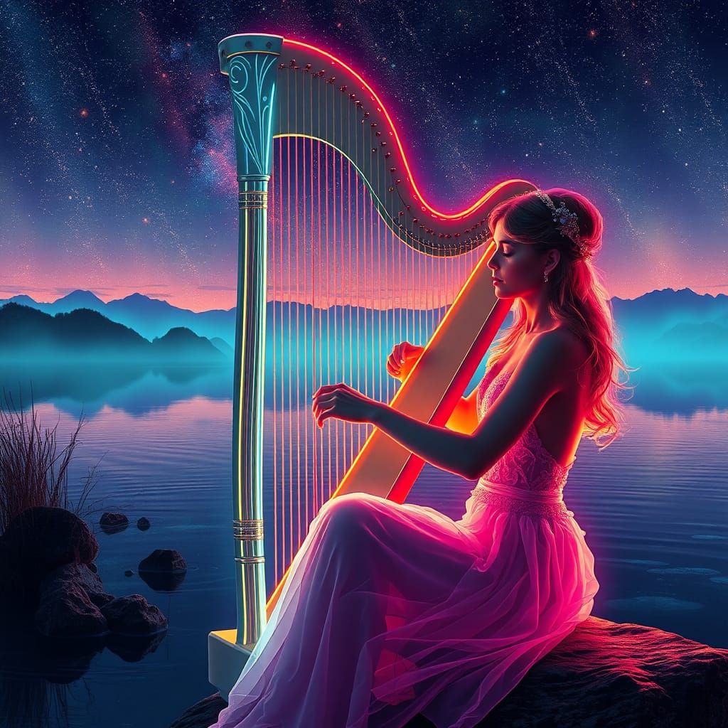 Serene Lady Plays Fluorescent Harp at Lake