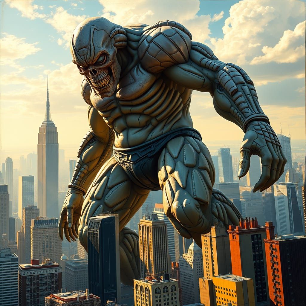 Colossal Titan Action Figure Over NYC in Comic Style