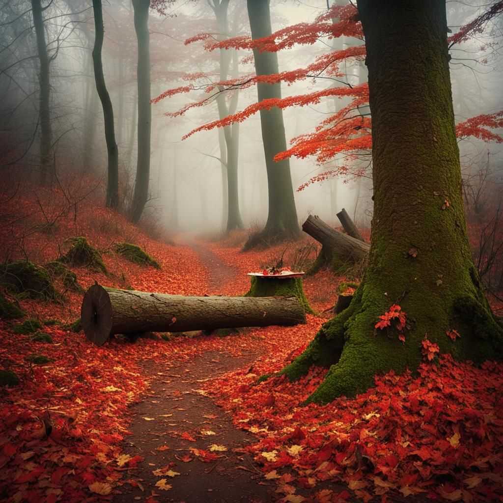 Eerie Foggy Woodland Path in Vintage Style