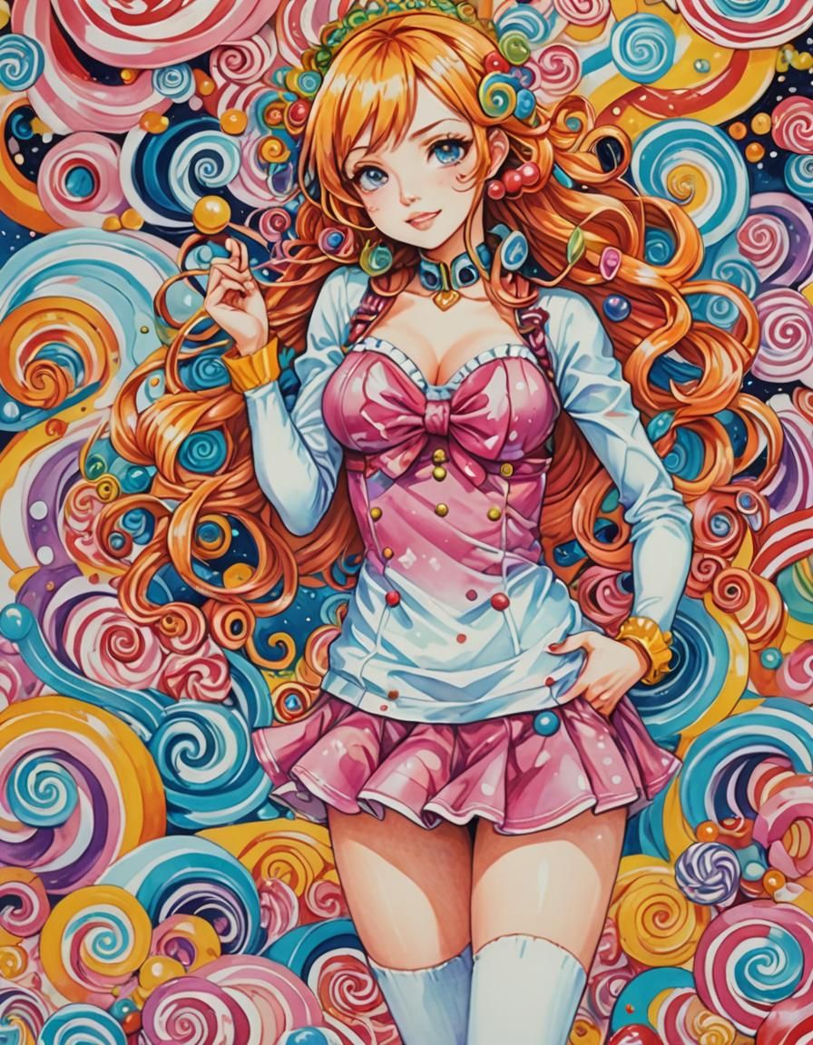 Vibrant Manga Girl in Candyland Gouache Wonderland