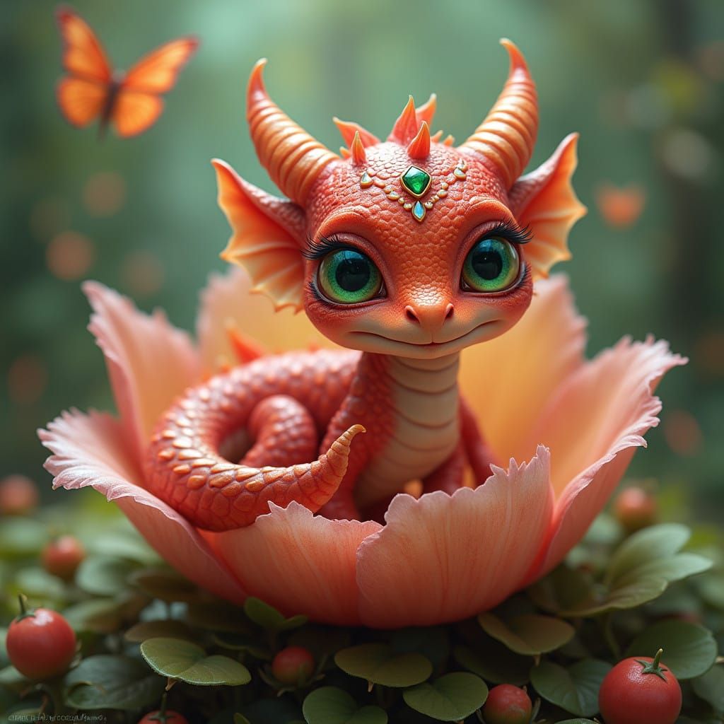 Dragon Hatchling Amidst Rainbow Butterflies in Primeval Grov...