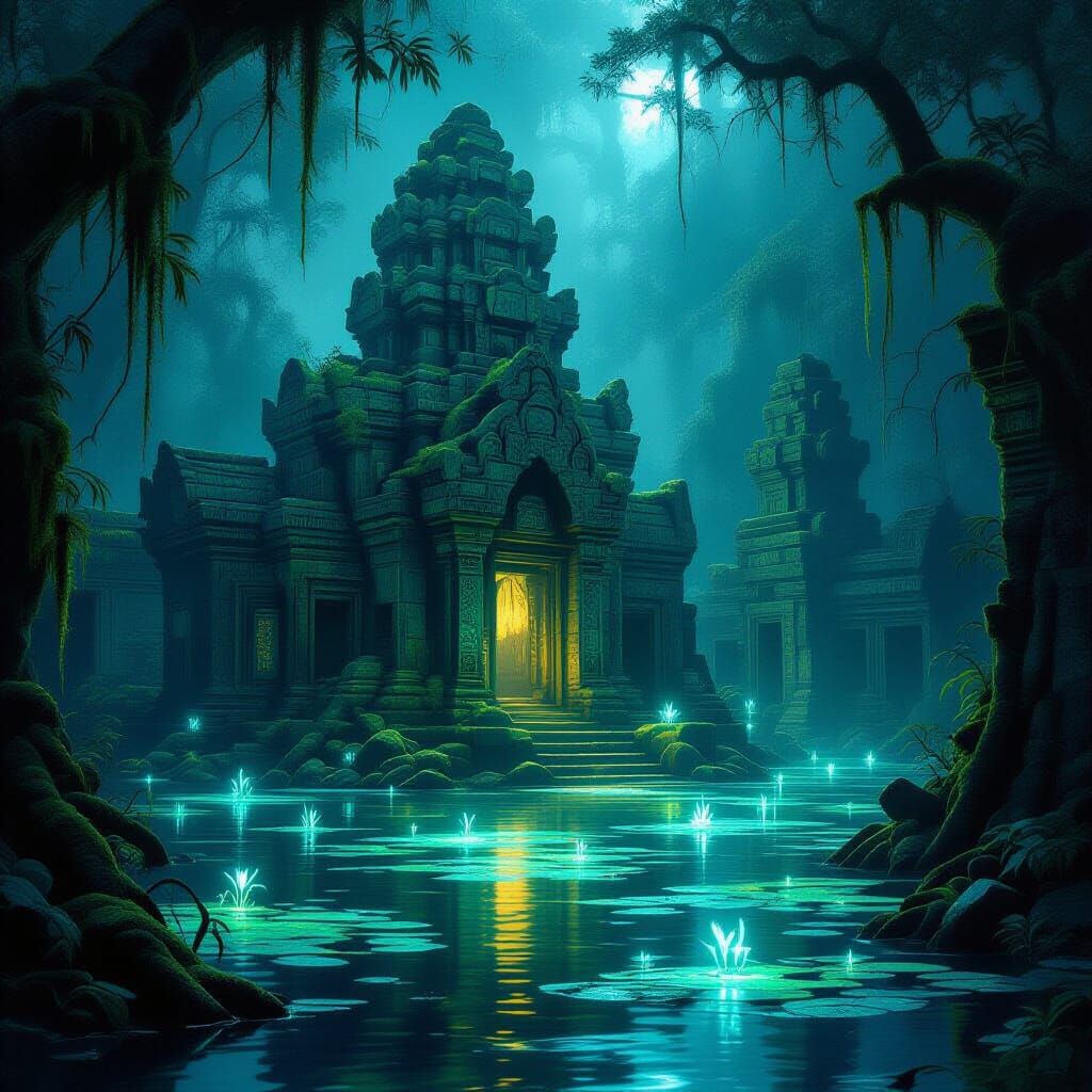 Bioluminescent Swamp Temple: Dark Fantasy Concept Art