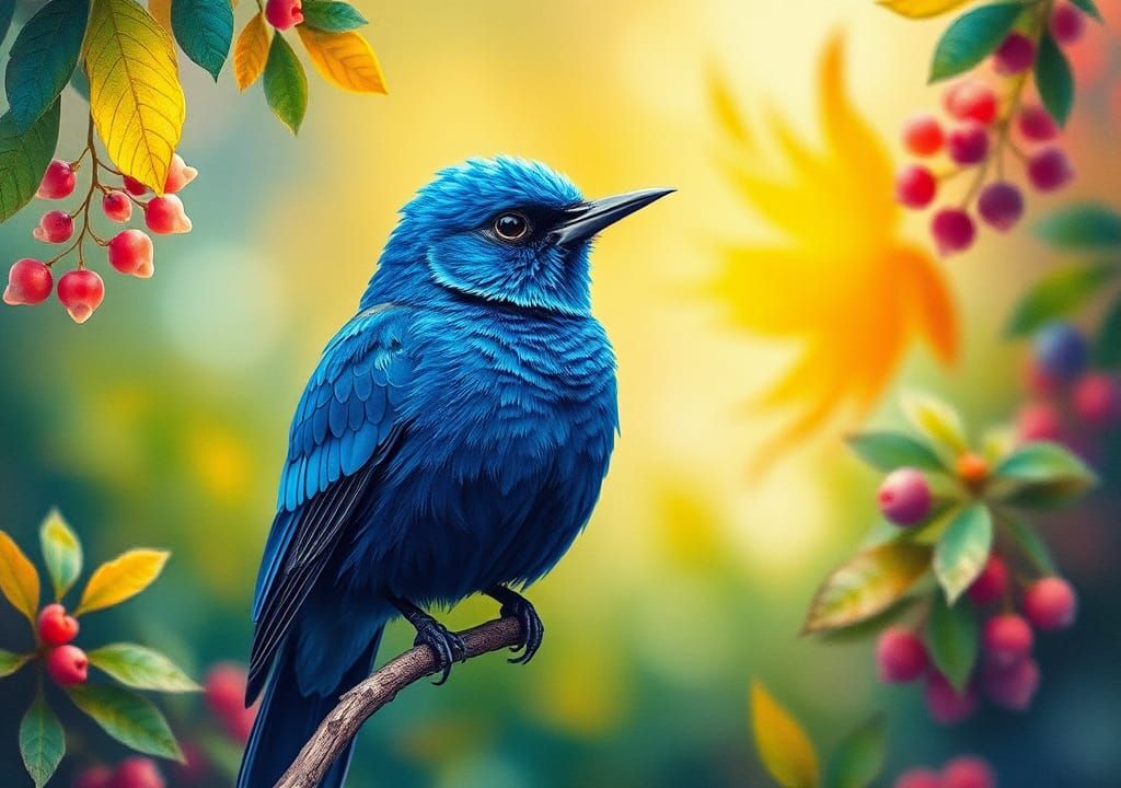 Cobalt Blue Bird Portrait in Impressionist Style