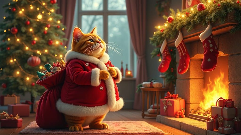 Chubby Cat in Joyful Christmas Scene