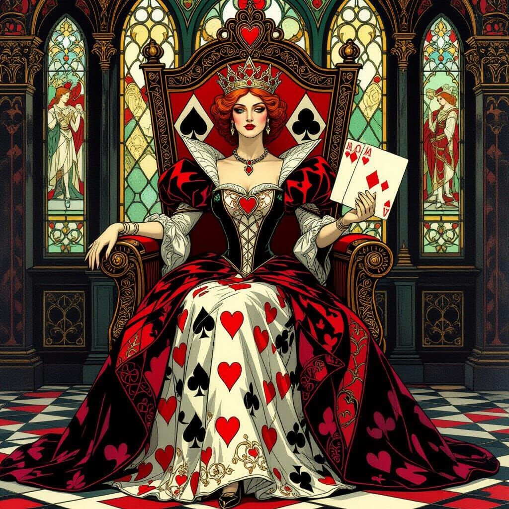 Stern Queen of Hearts Rules Card Kingdom in Art Nouveau Styl...