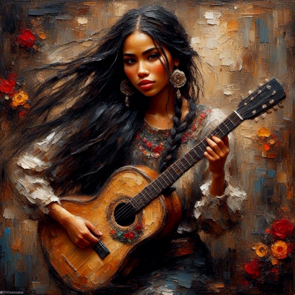 Mexican Woman with Guitar in Textured Style