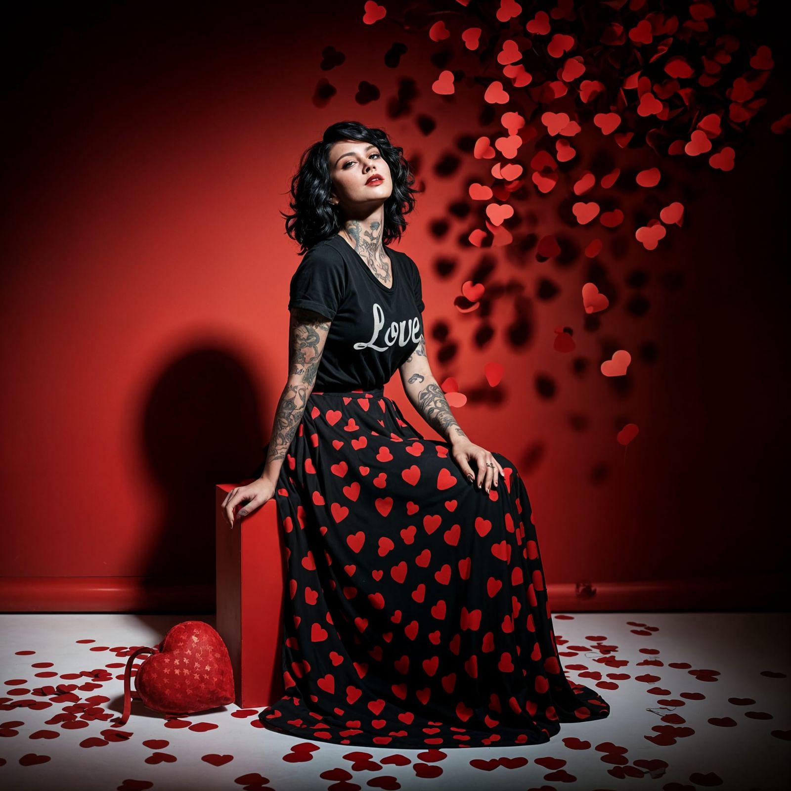 Elegant Woman in Romantic Red Room with Heart-Shaped Decor