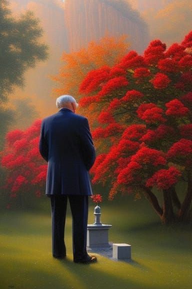 A gray old man stands at the foot of grave which is that of his late wifet