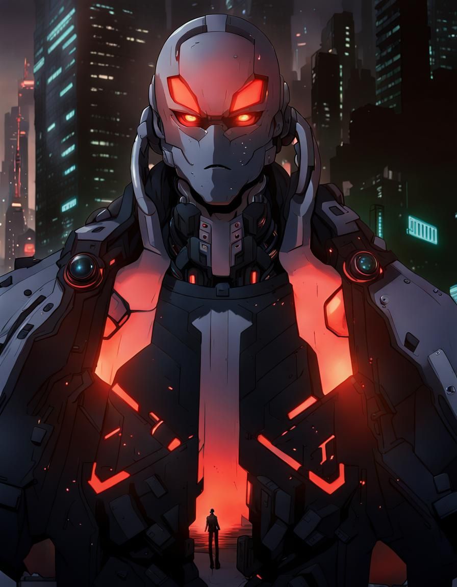 Cyberpunk Cyborg in Dystopian Anime Cityscape