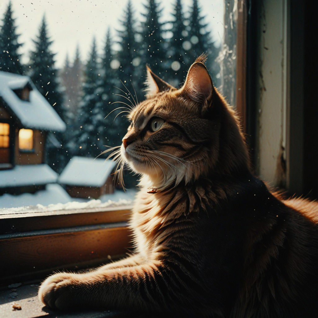 Cat Watches Santa's Magical Sleigh Ride Under Golden Lights
