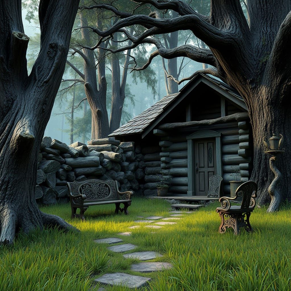 Weathered Wooden Cabin in Whimsical Fantasy Landscape