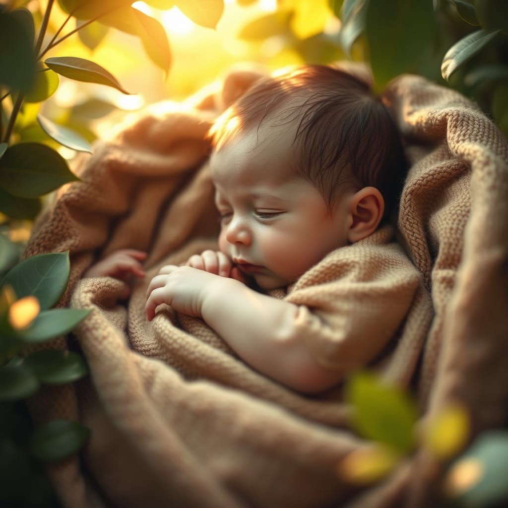 Newborn Baby Basks in Warm Sunlight, Swaddled in Earthy Blan...