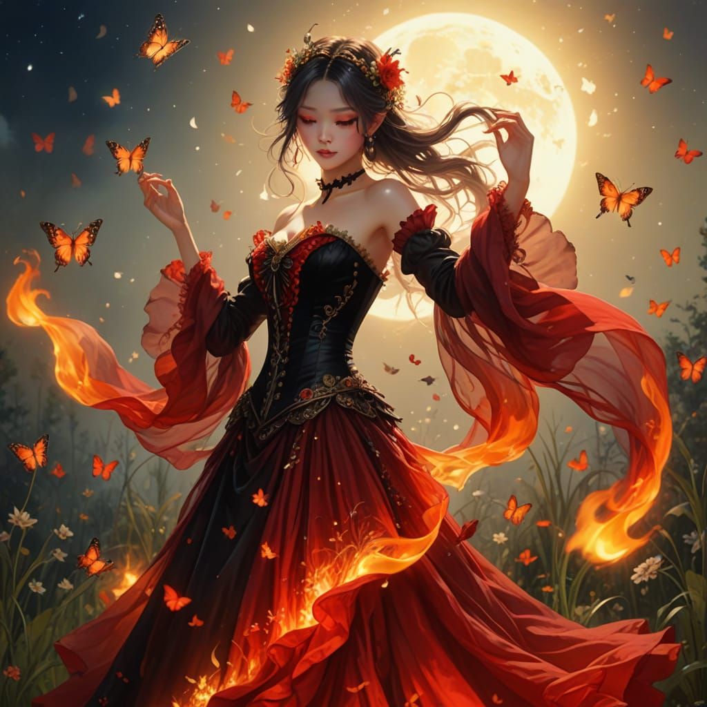 Fairy Dancing with Flames in Moonlit Garden