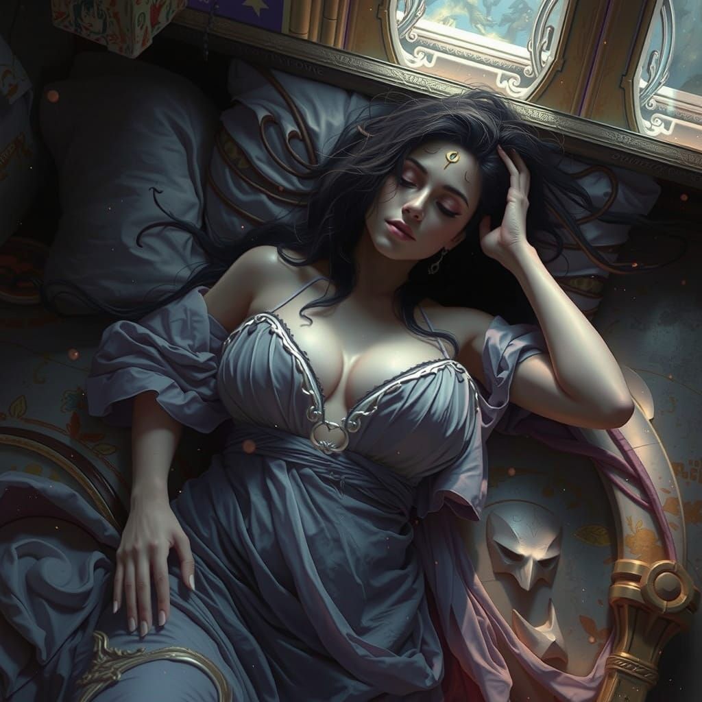 Surreal Goddess Slumbers in Dark Fantasy Realm