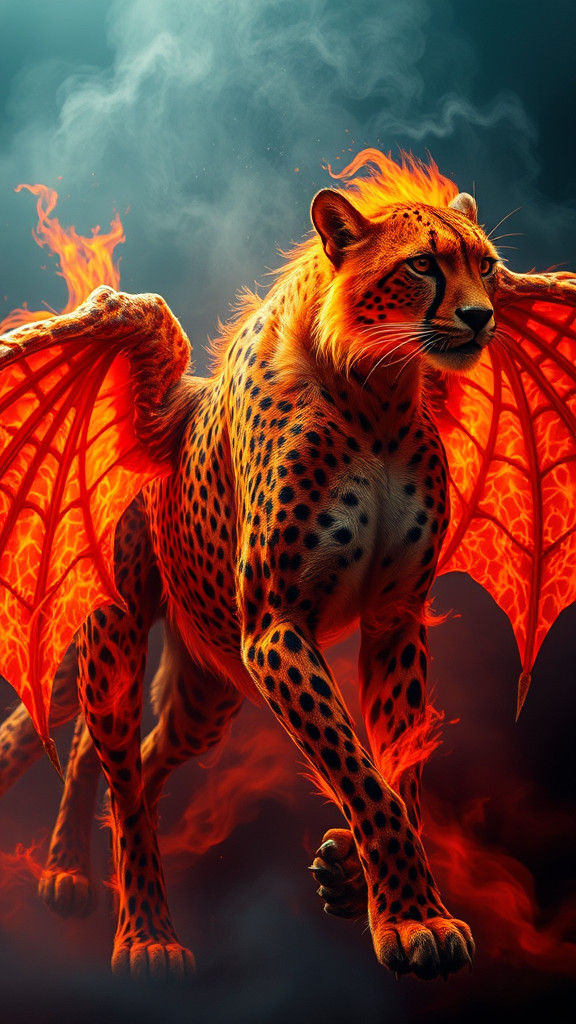 Fiery Cheetah with Dragon Wings in Mythological Scene