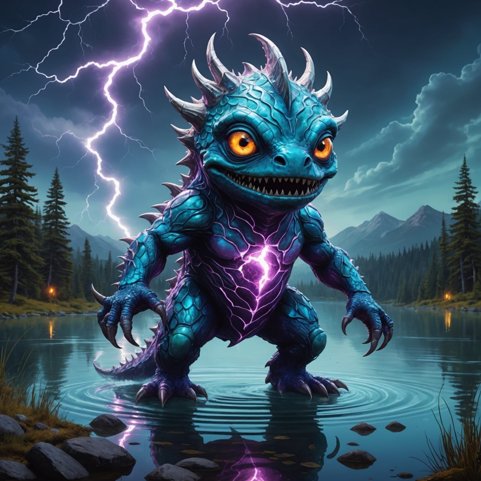 Lightning Lake Monster: Cosmic Mixed Media Illustration