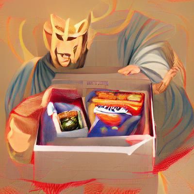 Gods Present Snack Box to Man