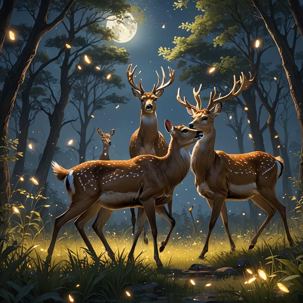Two deer are gracefully dancing in a moonlit clearing