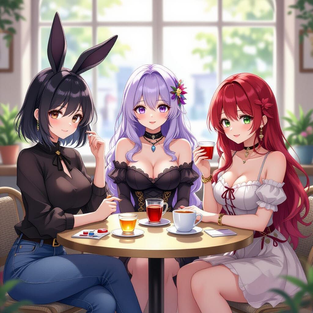 Anime Women Enjoying Tea in a Cute Cafe