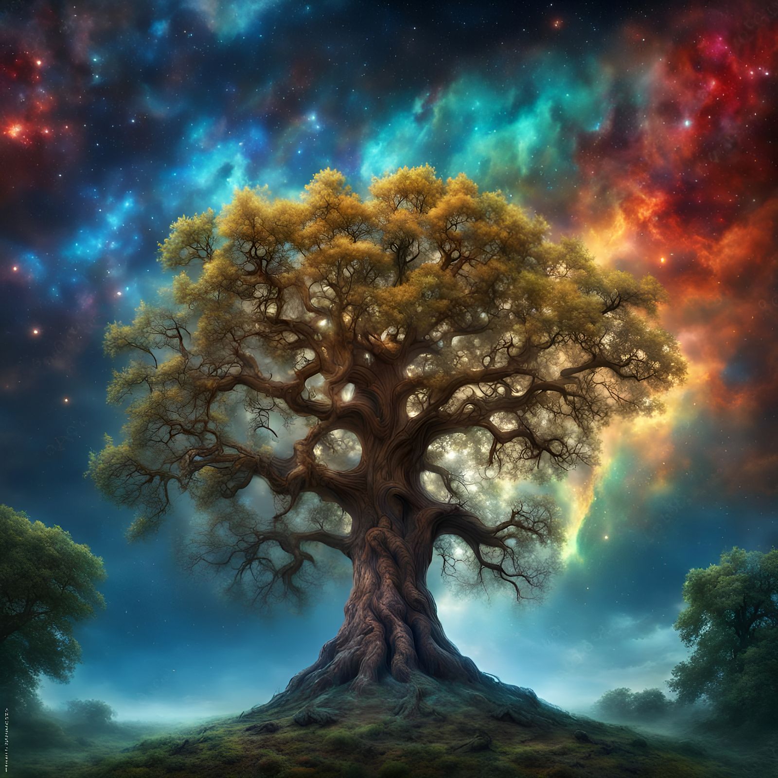 Magical Oak Tree with Cloud Leaves on Nebula