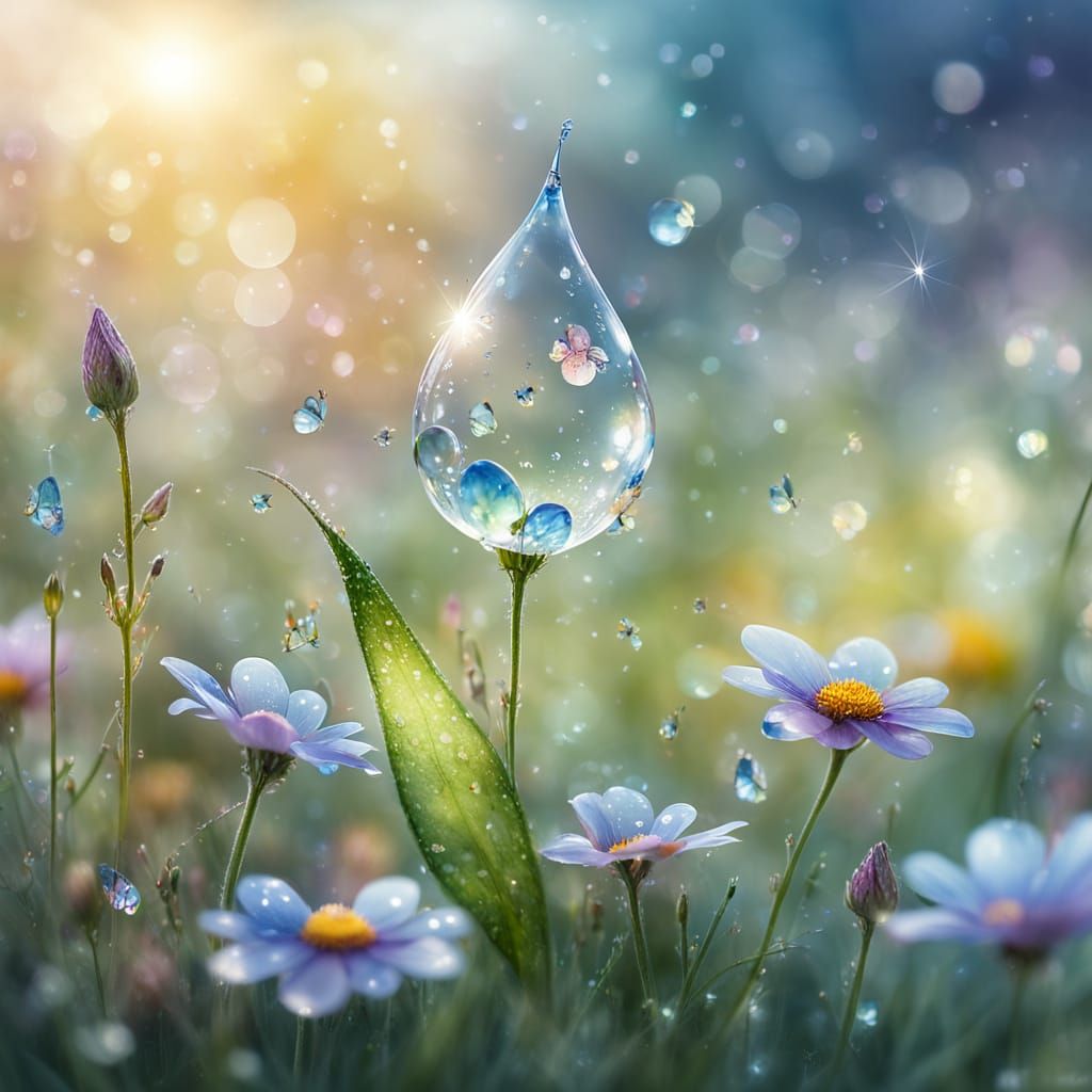Ethereal Dewdrop Reflecting Meadow in Watercolor Style