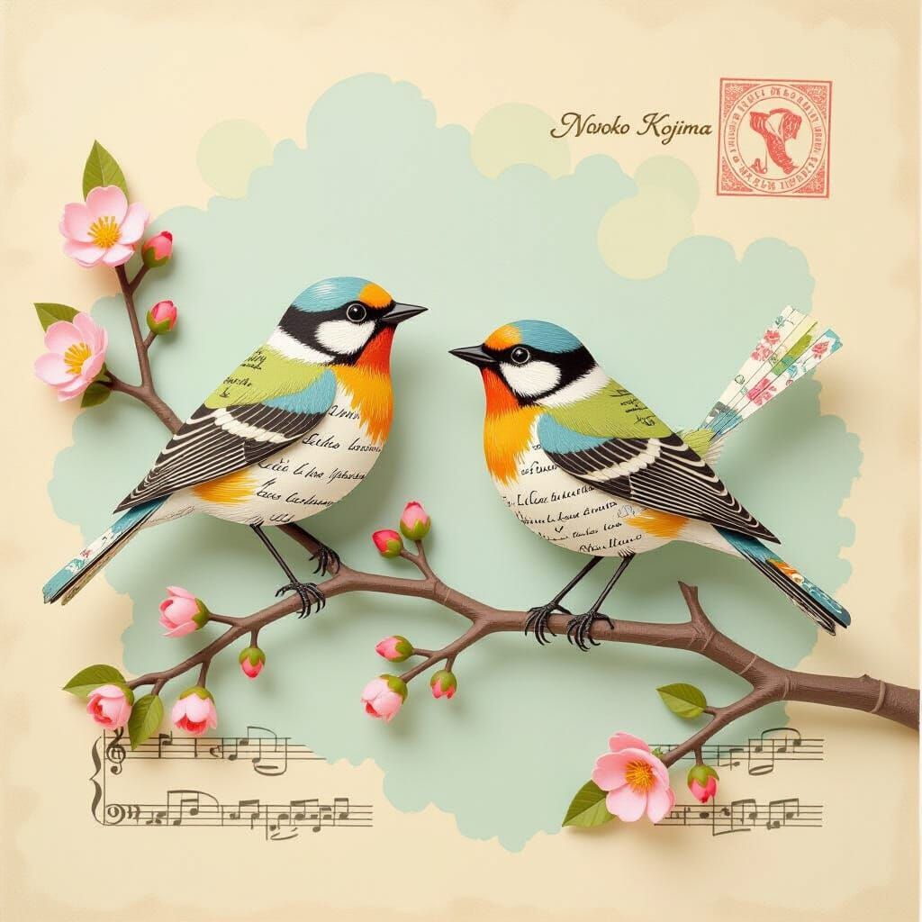 Paper Birds on Musical Branch: Watercolor Art