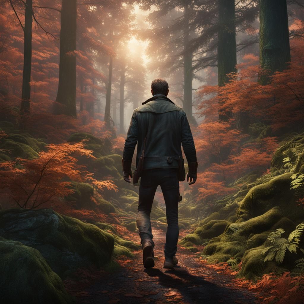 Man Walks in Dark Fantasy Forest Art