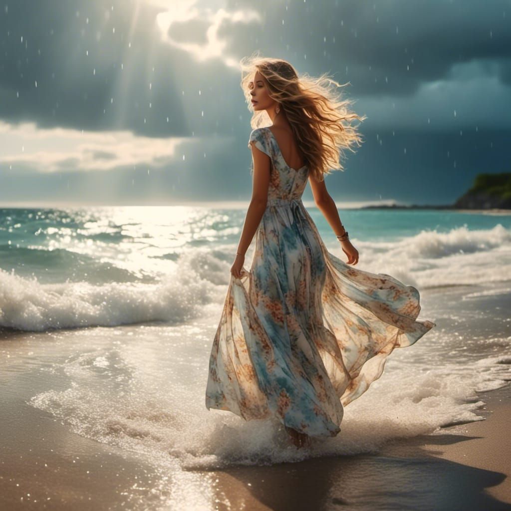 Woman in a Sun Dress on the Beach in Watercolor Style