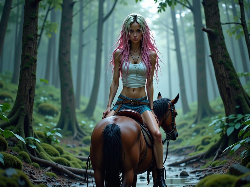 Woman Rides Horse Through Stormy Woods